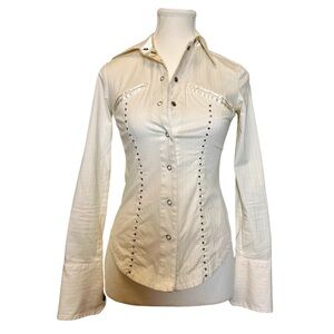 Y2K White Studded Western Shirt – XS/S – 100% Cotton – Fitted Button Down